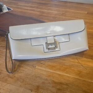 Mondani White Patent Leather Wristlet Clutch with Silver Hardware